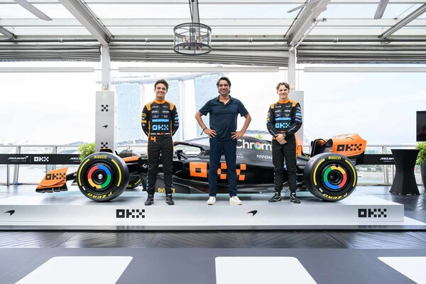 From left to right: McLaren F1 Team driver Lando Norris, OKX Chief Marketing Officer Haider Rafique and McLaren F1 Team driver Oscar Piastri