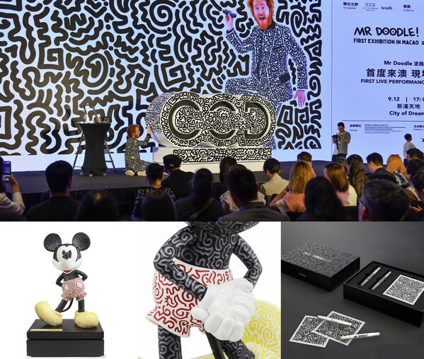 From top: Mr Doodle's first visit to Macao attracts a large audience; The global debut of the Mickey Mouse sculpture (30cm) created by Mr Doodle is now available for purchase at Artelli Each piece comes with a limited edition Mr Doodle Coloring Box Set