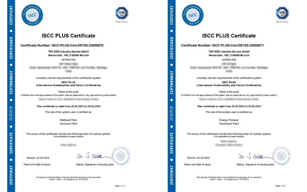 TÜV南德为智利Haru Oni项目颁发ISCC认证证书