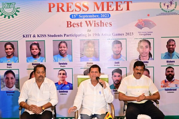 Founder of KIIT & KISS Dr Achyuta Samanta addressing media about the successful student-athletes heading for Asian Games 2023. He is flanked by DG Sports, KIIT & KISS Dr Gaganendu Dash and Advisor KISS Sports Upendra Kumar Mohanty.