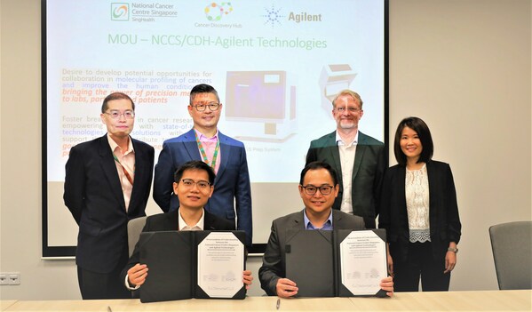 (Seated from left) Dr Jason Chan, Consultant Medical Oncologist & Director of the Cancer Discovery Hub (CDH) at National Cancer Center Singapore and Chow Woai Sheng, Agilent Singapore's General Manager and Vice President of Instrument Manufacturing, (standing from left) Dr Ko Tun Kiat, Lead Scientist at CDH, Cedric Ng, Chief Technology Officer at CDH, Tom Just, Agilent's Vice President of Reagent Partnerships, and Charmian Cher, Agilent's Regional Associate Vice President of Field Marketing.