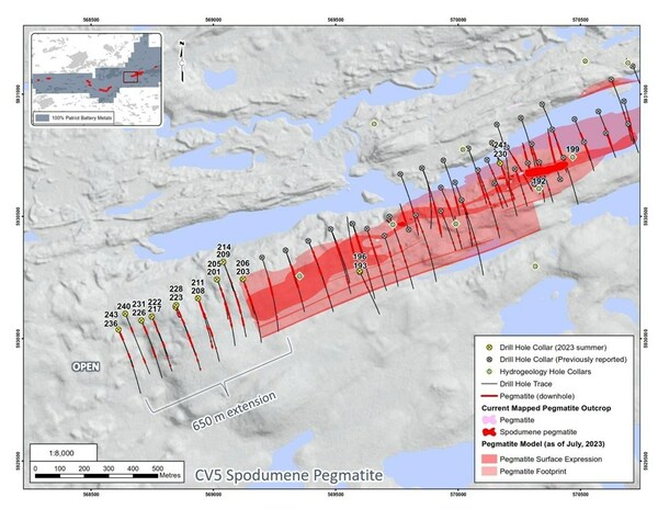 Figure 2: Drill holes completed at the CV5 Spodumene Pegmatite through September 18, 2023 – western area.