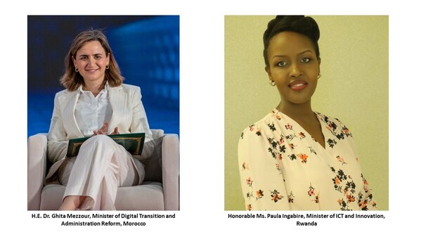 Left: H.E. Dr. Ghita Mezzour, Minister of Digital Transition and Administration Reform, Morocco. Right: Rwanda’s Minister of ICT and Innovation, Honorable Ms. Paula Ingabire.