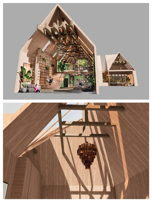 立邦意匠设计中心设计师张晶创作的“光影木屋书店”（上图）<i></i>
“光影木屋书店”透光屋顶特写（下图）