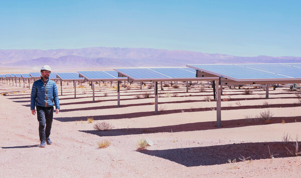 A worker carries out routine inspection in the Cauchari Solar Park in Argentina. (Photo by Song Yiran/People's Daily)
