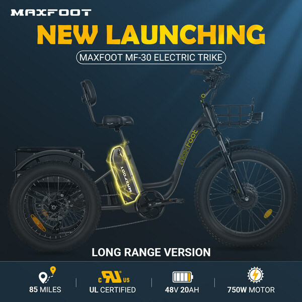 Maxfoot Announces the Launch of the New MF-30 Electric Trike: UL-Certified 20AH Battery & 85 Miles Long Range