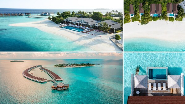 左上至右下（顺时针）：马尔代夫仕丹德酒店全景（主泳池及到达区域）；海洋沙滩别墅；马尔代夫仕丹德酒店全景（别墅群及Beru Bar）；海上公馆别墅（带私人泳池）