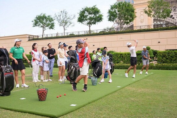 Professional golfer Minjee Lee, Lydia Ko, Minwoo Lee, and Collin Morikawa mentor local junior golfers from the Macau Junior Golf Association during the Sands Golf Day event Monday at the Front Lawn (between The Parisian Macao and the Four Seasons Hotel Macao Cotai Strip).