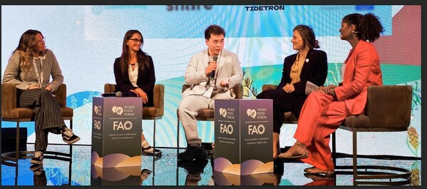 Zhiqian Zhang, (positioned as the third person from the left on stage), the CEO and co-founder of Tidetron Bioworks, engages in discussions with panelists at the WFF flagship event.