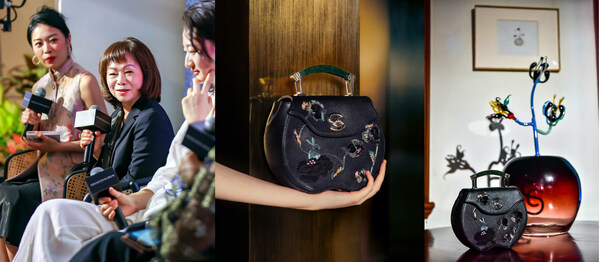 （从左至右） 夏姿陈品牌设计总监 王陈彩霞女士 夏姿陈2023 秋冬“荷绵”包袋，蔡雅玲艺术品“盛放”