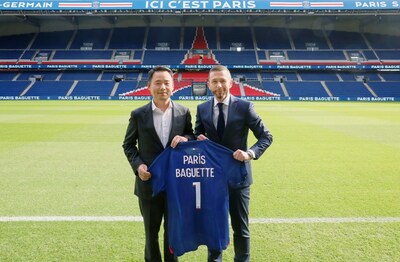 At Parc des Princes located in Paris, CEO Jinsoo Hur of the ParisBaguette HQ and Chief Revenue Officer Marc Armstrong of Paris Saint-Germain pose for a photo after signing the official sponsorship agreement.