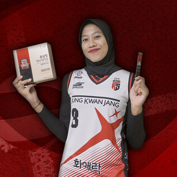 Player Megawati Pertiwi of the Daejeon JUNG KWAN JANG Red Sparks and Korean Red Ginseng Extract Everytime