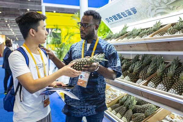 A staff member introduces pineapples from Benin at the sixth China International Import Expo, Nov. 5, 2023. (Photo by Wang Chu/People's Daily Online)