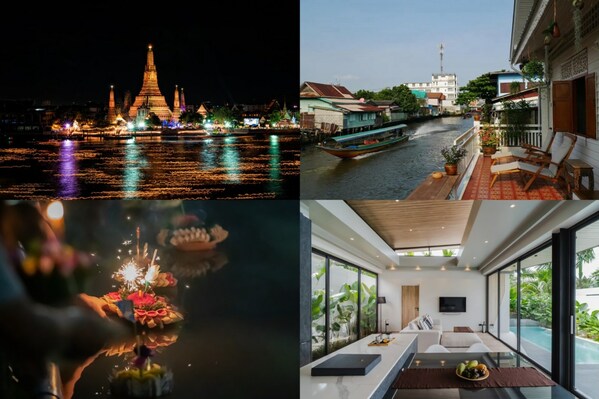 上：曼谷节日夜景 & 河畔小屋；下：普吉岛节日夜景 & 泳池别墅