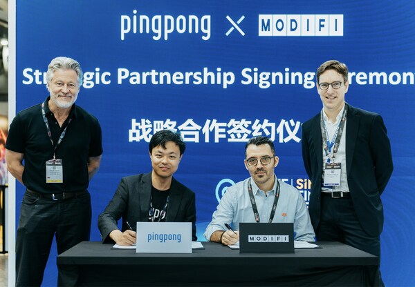 PingPong x MODIFI Partnership Signing Ceremony: David Messenger, Chief Executive Officer, Global Business of PingPong; Alex Chen, VP and Head of Business Development & Partnerships, PingPong; Liviu Nedef, SVP Global Marketing, MODIFI; Matthias Hendrichs, Chief Commercial Officer, MODIFI
