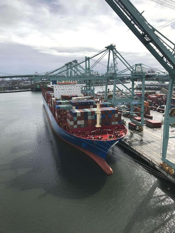 A cargo ship of China COSCO SHIPPING docks at the West Basin Container Terminal at the Port of Los Angeles. (Photo from COSCO SHIPPING (North America))