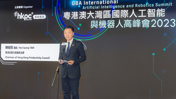 Hon Sunny TAN, Chairman of HKPC, delivered a welcome speech at “GBA International Artificial Intelligence and Robotics Summit 2023”, said the Summit aims to further promote the development and application of AI and robotics in various industries, helping enterprises to optimise their operations and production processes, enhance efficiency and reduce costs, and driving Hong Kong to become an “International AI and Data Industry Development Hub”.
