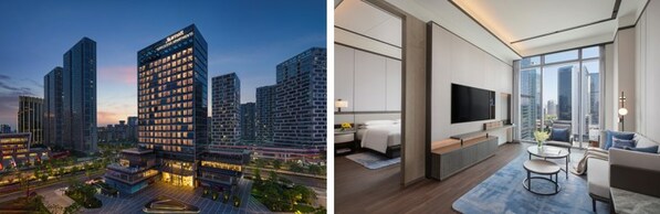 从左至右： 杭州万豪行政公寓酒店外景及一居室公寓