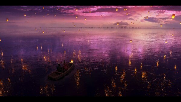 In the scene of Yusuke and Botan, the two main characters, going to a post-life world to meet Yama, a mysterious atmosphere is created with purple sky being reflected on a surface of dark water. Detailed expression of water wave and color clearly stands out.