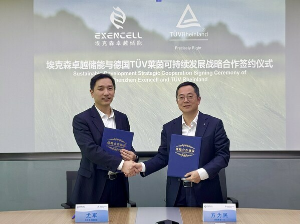 Jeff You and Fang Weimin sign a strategic cooperation agreement, representing EXENCELL and TÜV Rheinland respectively.