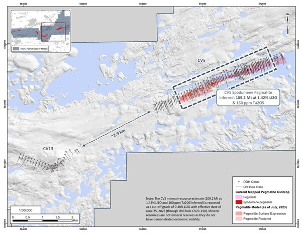 Figure 4: Remain to be drill tested corridor between the CV5 & CV13 spodumene pegmatites. (CNW Group/Patriot Battery Metals Inc)