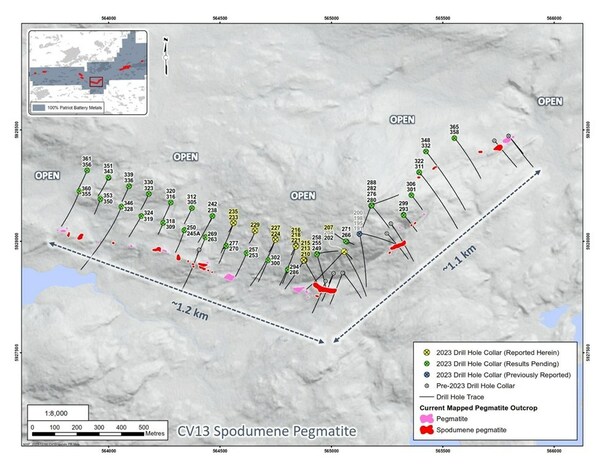 Figure 5: Drill holes completed through 2023 at CV13 Spodumene Pegmatite. (CNW Group/Patriot Battery Metals Inc)
