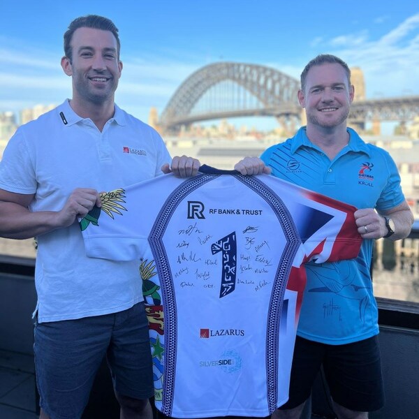 Dale Klynhout, founder and Managing Director of Lazarus and Blake Egelton, Cayman National 7s Co-Captain and 2022 CRFU Heineken Men’s Player of the Year. Sydney, Australia.