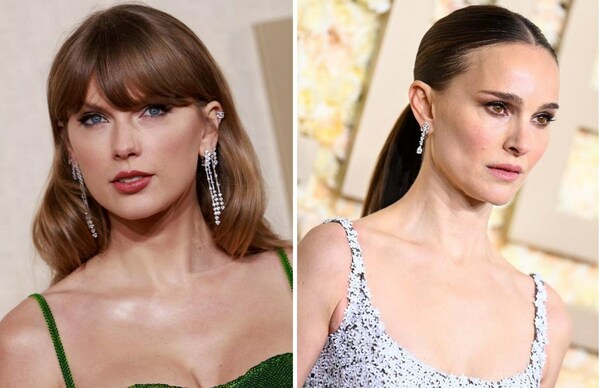 Image caption (text): Taylor Swift 和 Natalie Portman 佩戴 De Beers 珠宝闪耀亮相 2024 年金球奖颁奖典礼