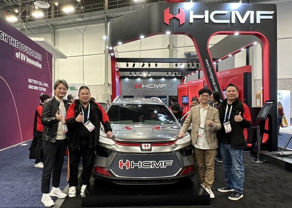 Unveiling the mmWave radar application solution in the smart car at CES 2024, from left to right: Ethan Lin, Co-founder and Vice President of TMYTEK; Kenneth His, Global Sales & Marketing, Chief Commercial Officer of HCMF Group; Su-Wei Chang, Founder and President of TMYTEK; and Jeffrey Hsi, CTO of HCMF Group, showcase the integrated in-car Child Presence Detection (CPD) sensing system and car's door-sensing technology solution.