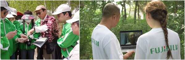 左图：大龙隆司在向志愿者介绍树苗的成长；右图：2023年活动中，大龙隆司与志愿者队连线交流
