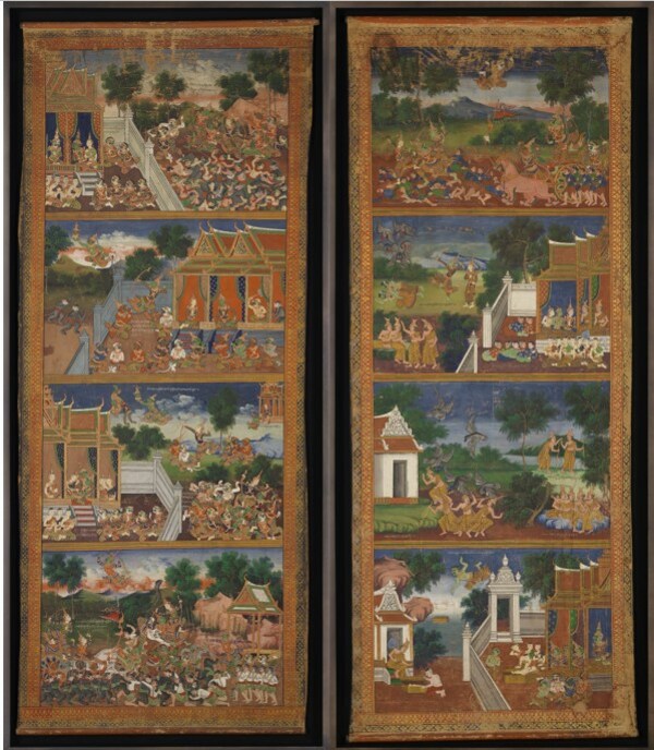 Artist unknown. Pair of Preah Bot paintings depicting Jatayu and the Vanaras. c.1900. Tempera on canvas, 199.5 x 81.5 cm (left) 202 x 79.5cm (right). Collection of National Gallery Singapore.