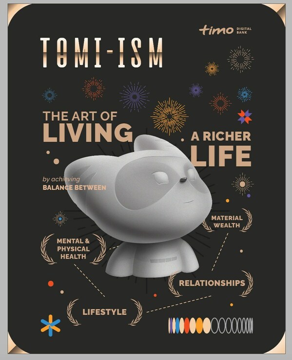 Tomi-ism is a philosophy describing the art of living a richer life by achieving balance between four aspects: material wealth, mental & physical health, relationships, and lifestyle. Photo: Source: Timo Digital Bank