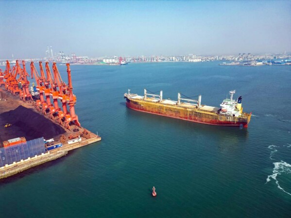 Loaded with Russia-imported coal, a cargo ship departs from Longkou Port in east China's Shandong Province to Jingjiang Port in east China's Jiangsu Province. (Photo provided by Longgang sub-district office of Longkou Economic Development Zone)