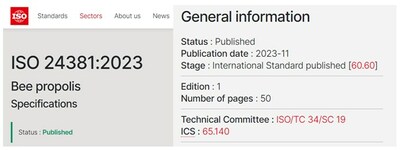 国际标准化组织ISO官网已公布《蜂胶国际标准》