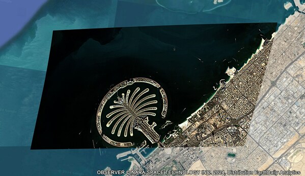Nara Space's first images at 1.5m resolution, processed by EarthDaily Analytics EarthPipeline. Image of Palm Jumeirah island in Dubai, UAE.