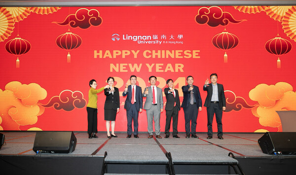 Lingnan University holds its Staff Communication Day & Staff Party 2024, where President Qin (fourth from right) shares the latest developments at the University.