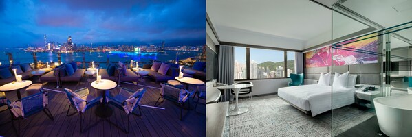 Left: The Breathtaking View from The SKYE Roofbar & Dining; Right: King Executive room Park View