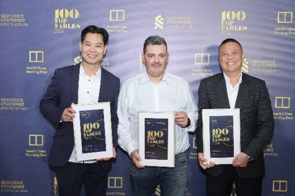 Feng Wei Ju at StarWorld Hotel、8½ Otto e Mezzo BOMBANA at Galaxy Macau and Lai Heen at The Ritz-Carlton, Macau recognized in South China Morning Post's 100 Top Tables 2024. The three chefs posed for a group photo.