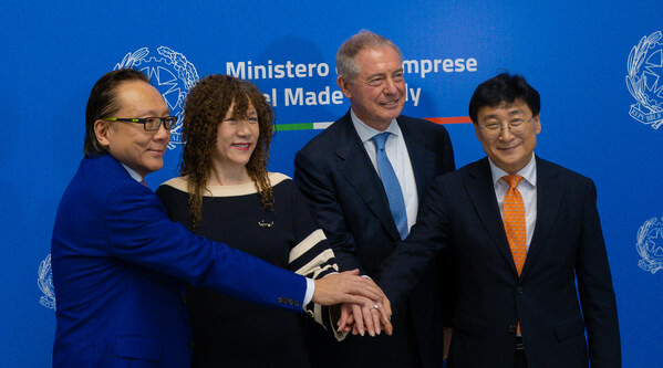 Founders of Silicon Box Dr. Sehat Sutardja, Weili Dai and Dr. Byung Joon Han with Minister Adolfo Urso at Ministry of Enterprises and Made in Italy (MIMIT) Headquarters