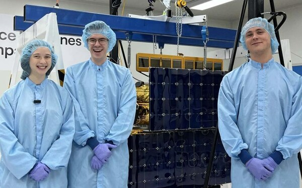 UTS engineering students Liv, John and Jacob interned with Space Machines Company to help build the satellite Optimus. Photo by Jessica Lo. (PRNewsfoto/University of Technology Sydney)
