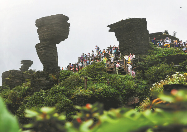 Tourists visit Fanjing Mountain in Tongren, Guizhou province, on July 23. Fanjing Mountain was listed as a UNESCO World Heritage Site in 2018. [Photo by Hu Panxue/For China Daily]