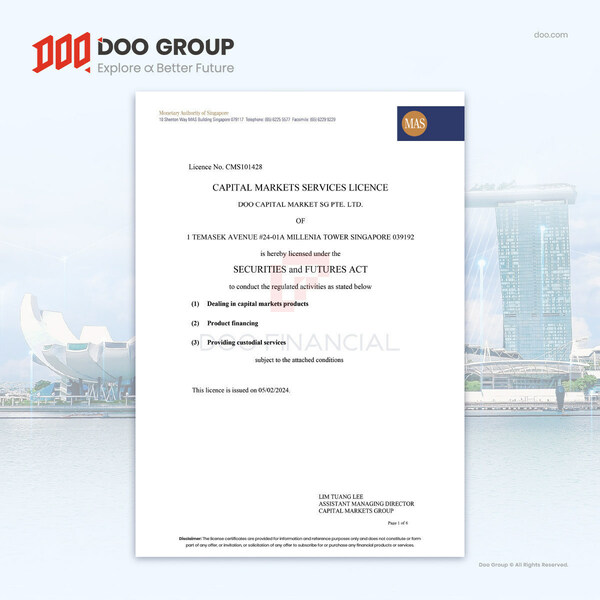 Cơ quan Tiền tệ Singapore (MAS) cấp Giấy phép Dịch vụ Thị trường Vốn (CMS) cho công ty trực thuộc Doo Financial