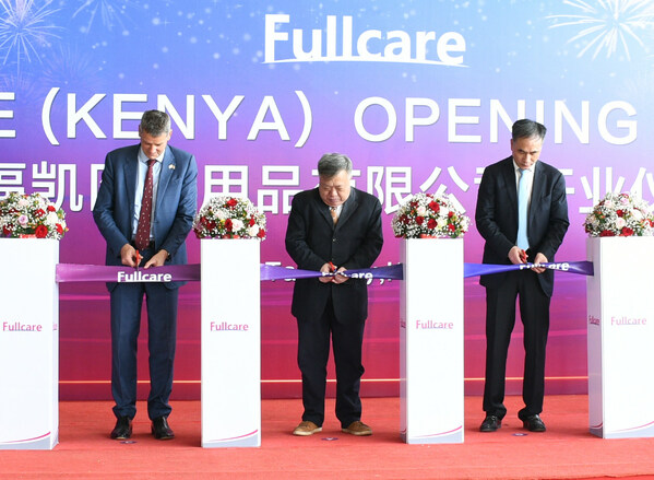 FullCare's new medical garment facility at Tatu City was inaugurated at a ribbon-cutting ceremony graced by China Embassy Minister  Counsellor Mr. Zhang (centre); Founder of FullCare Medical, Lu Jianguo (right); and Rendeavour Founder & CEO Stephen Jennings (