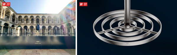 从左到右：2023年，高仪SPA在布雷拉美术馆（Pinacoteca di Brera）里打造的如梦似幻的沉浸式空间荣获2024德国iF设计大奖；高仪SPA瑞雨ICON 3D花洒