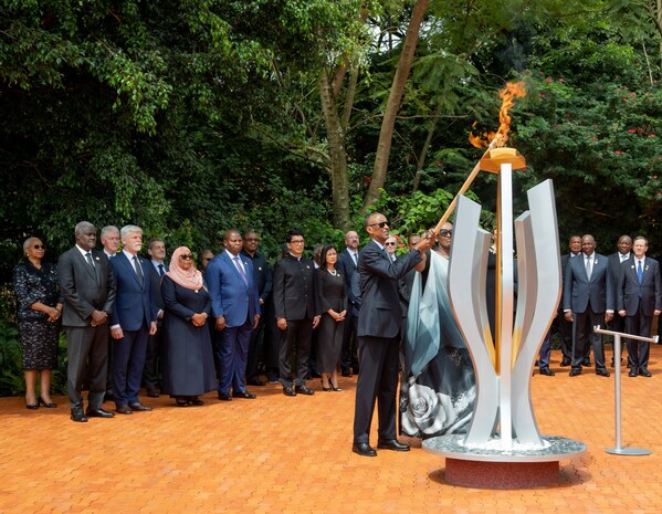 President Paul Kagame and First Lady Jeannette Kagame light the flame of Remembrance at Kigali Genocide Memorial. April 7, 2024 - Kigali, Rwanda