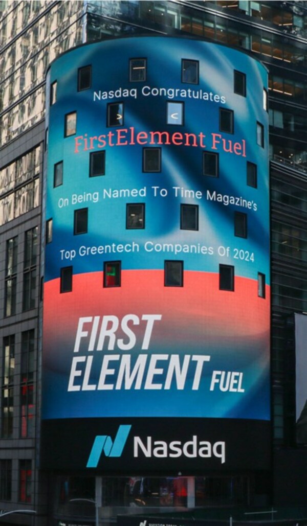 FirstElement Fuel's recognition as a Top 40 GreenTech company is celebrated by Nasdaq with signage on their New York City tower.
