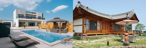 左：济州现代泳池别墅;右：济州精美茶田韩屋