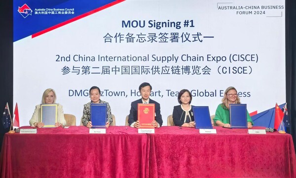 China International Exhibition Center Group Corporation Signed MoU Agreements with DMG, Oz-Town, Team Global Express and Homart Pharmaceuticals during Its Australian Roadshow. (PRNewsfoto/China International Supply Chain Expo)