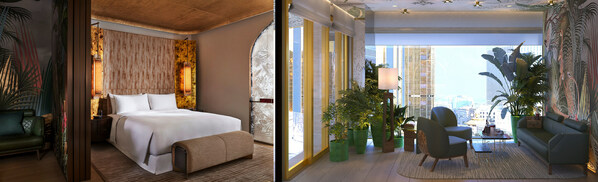 從左至右：澳門銀河嘉佩樂酒店豪華叢林主題套房；每間套房均設有Moinard Bētaille建筑事務所設計的花園景觀