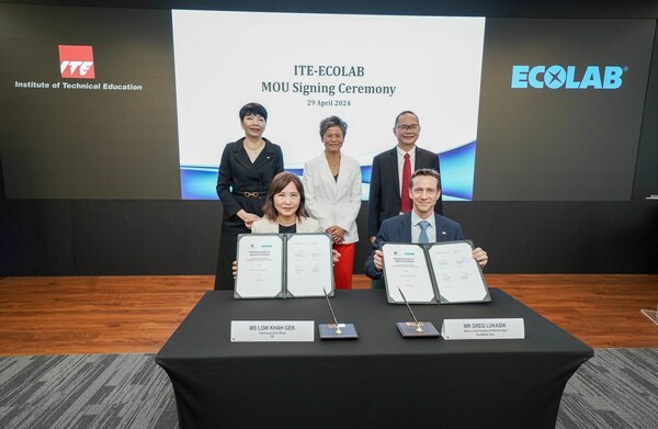 Standing From Left to Right: Ms. Grace Goh, Director & Country Manager, Ecolab, Ms. Poh Li San Member of Parliament for Sembawang West and Deputy Chairperson GPC for Sustainability and Environment (Guest of Honor); Dr. Yek Tiew Ming, Principal, ITE College East, [Seated from Left to Right:] Ms. Low Khah Gek, CEO, ITE and Mr. Greg Lukasik, SVP & Market Head, Southeast Asia, Ecolab.